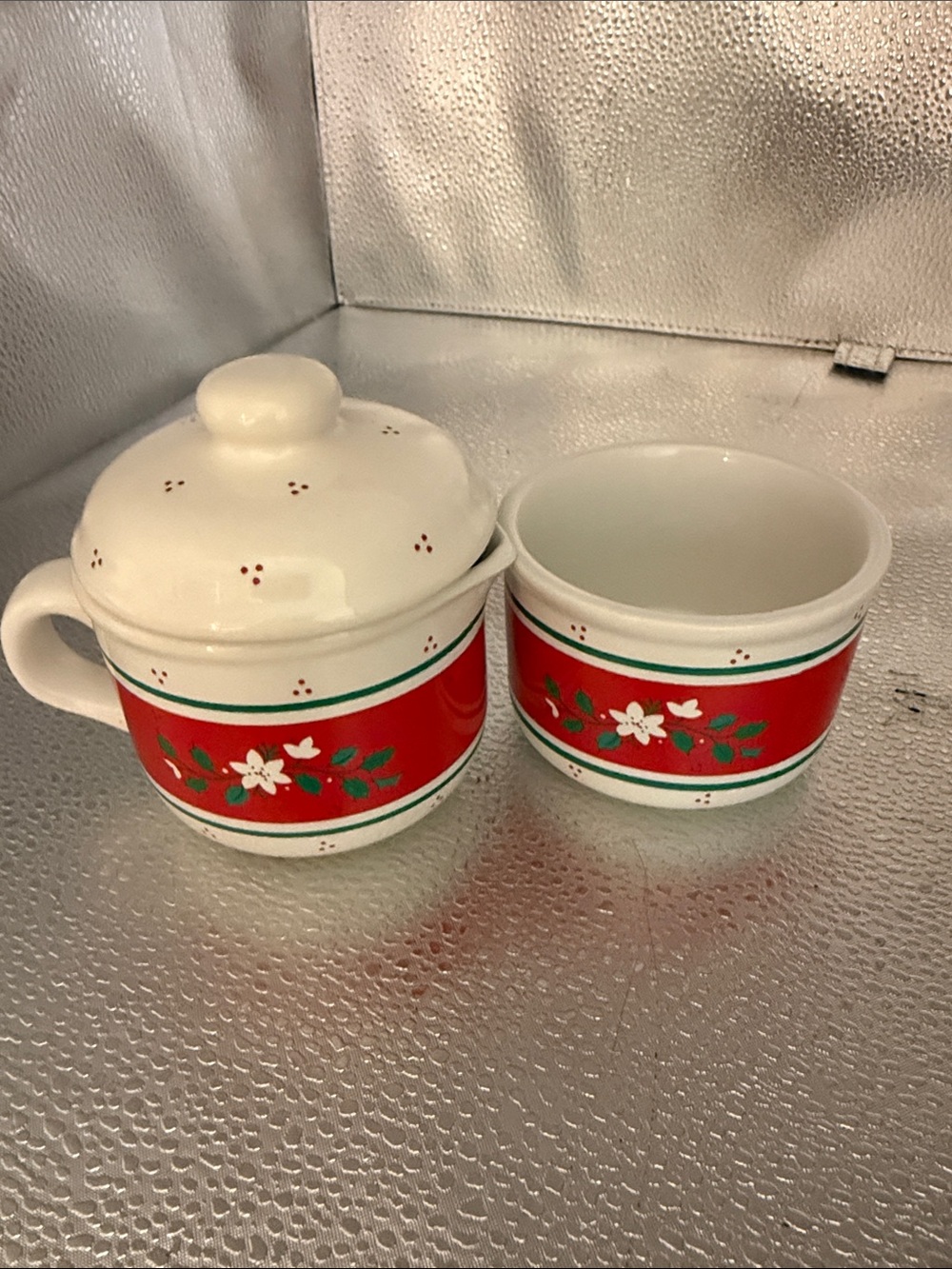 Vintage Ceramic Sugar Bowl & creamer Set with Red Floral Band
